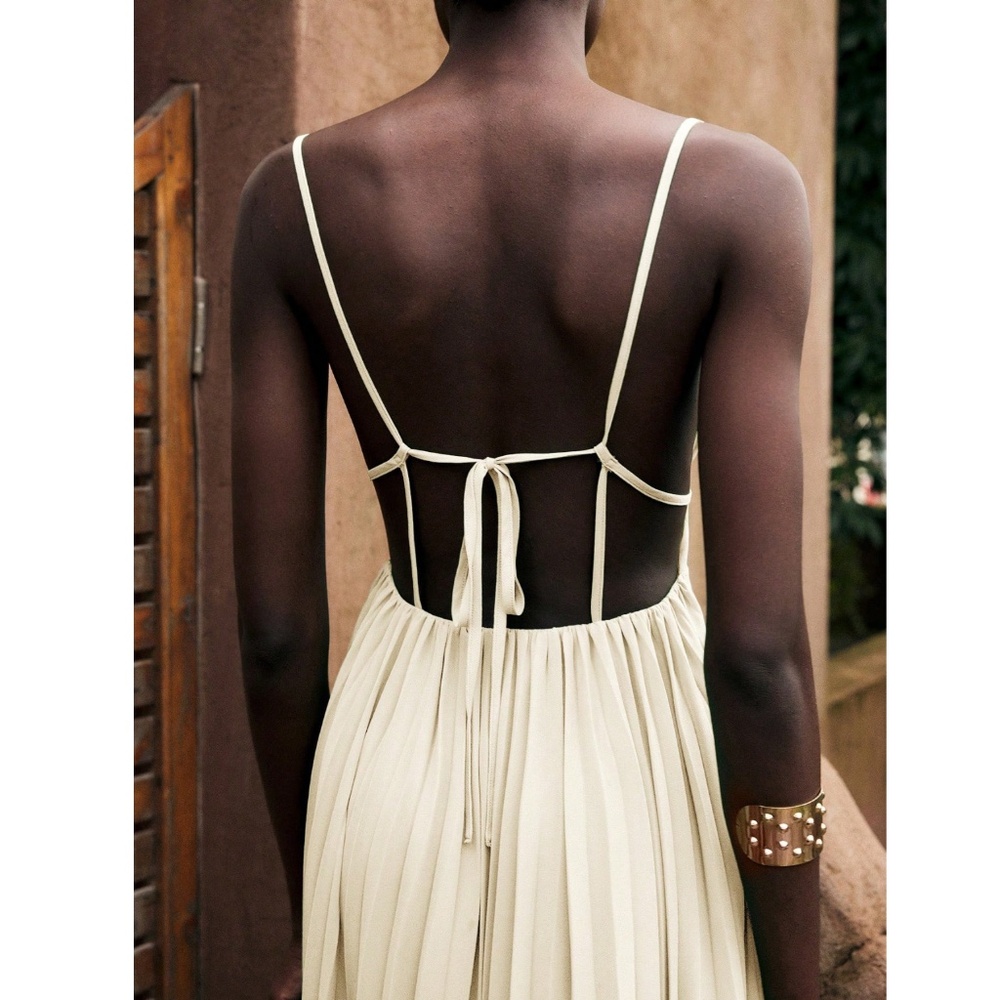 Cream Pleated Maxi Babydoll Dress Open Back Flowy Skirt Tie Straps Lined - Picture 5 of 16